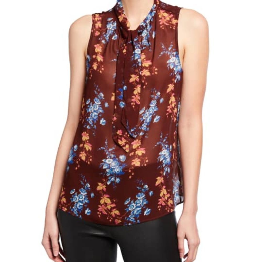Paige XXS Myra blouse tank top floral button sleeveless pussybow tie neck nwt